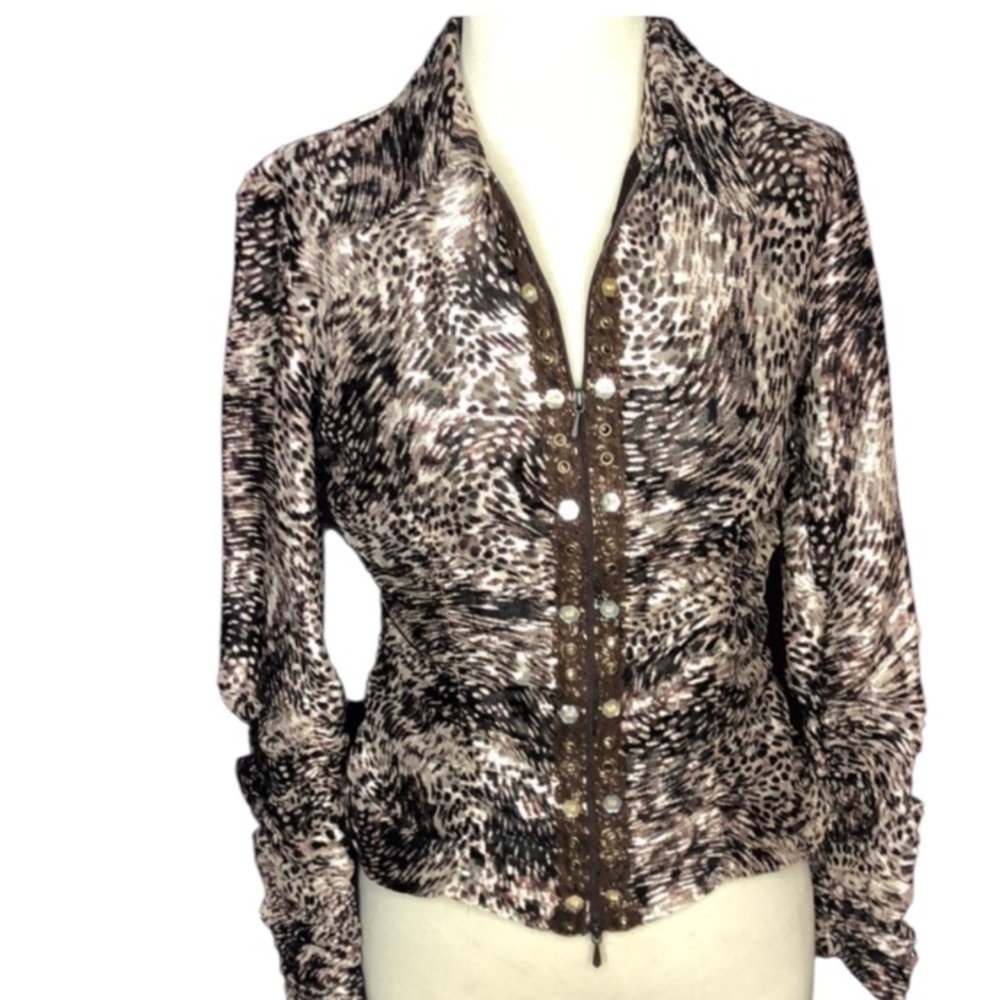 Alberto Makali
M Animal Print Blouse Collared Full
Zip Mesh Top Size M